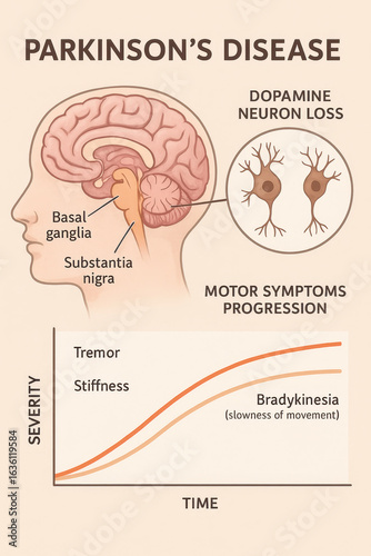 Parkinson's Disease Illustration Brain Anatomy, Neuron Loss, and Motor Symptom Progression Graph