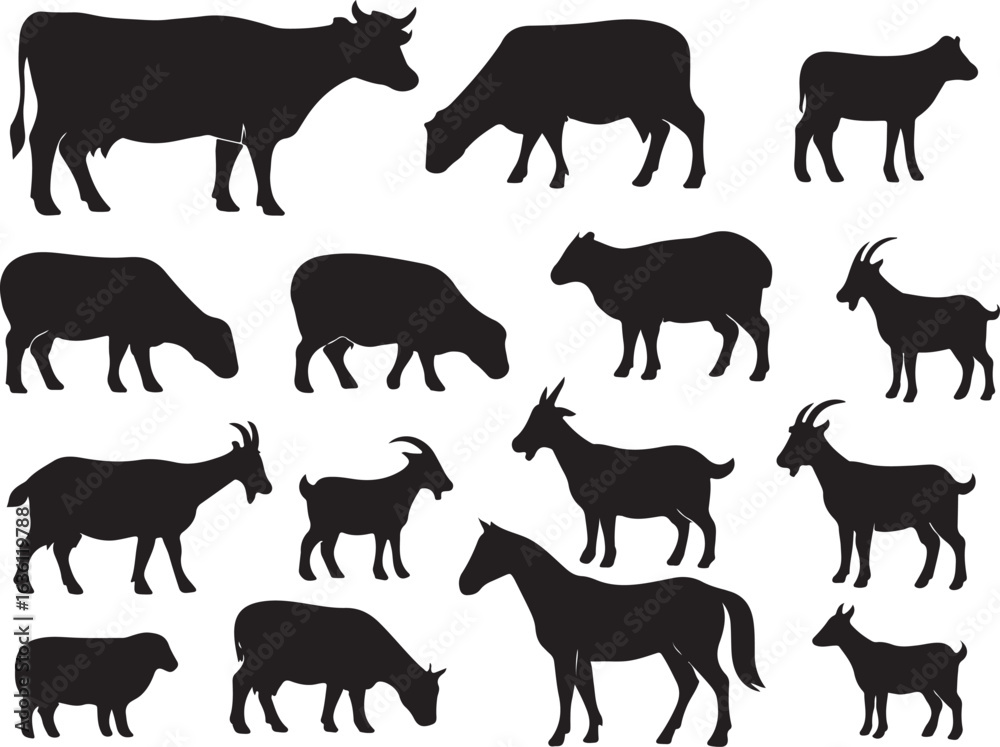 Fototapeta premium Diverse farm animals black silhouettes sheep goat