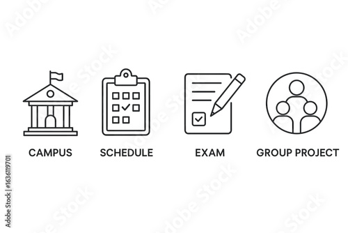 Icons representing campus life: schedule, exam, and group project tasks