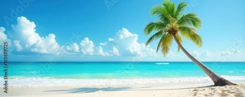 Lone palm tree leans towards turquoise ocean waves on sandy beach, island, idyllic, holiday