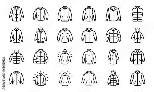 Winter Jacket and Coat Icon Set – Minimal Line Style Vector Illustrations of Outerwear, Puffer Jackets, Parkas, Hooded Coats, and Fashion Clothing Icons for Cold Weather Design Projects