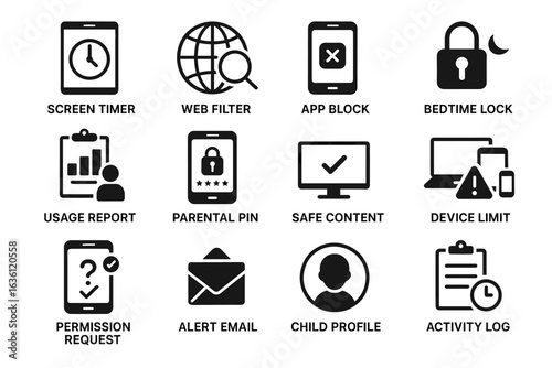 Parental control icons set: screen timer, web filter, app block, bedtime lock, child profile