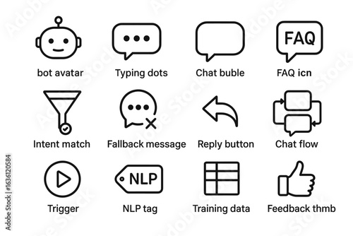 Minimalist chatbot icons: faq, typing dots, reply buttons, feedback, and more