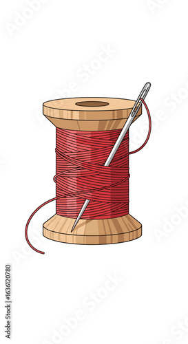 A close up view of a spool of red thread with two needles piercing through the spool a classic sewing tool