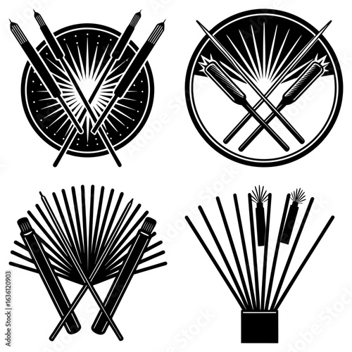 Four black and white vector designs featuring crossed incense sticks and radiating lines in various arrangements
