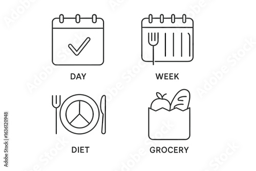 Calendar and food planning icons: day, week, diet, grocery