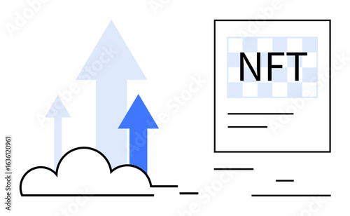 Rising arrows symbolize progress alongside digital NFT design. Ideal for blockchain, cryptocurrency, digital assets, investment, innovation, technology, simple landing page