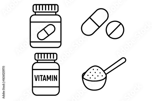 Vitamin supplements and capsules with measuring spoon line art illustration