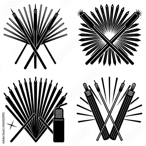 Four welding rod arrangements with crossed rods and radial lines in a black and white vector design