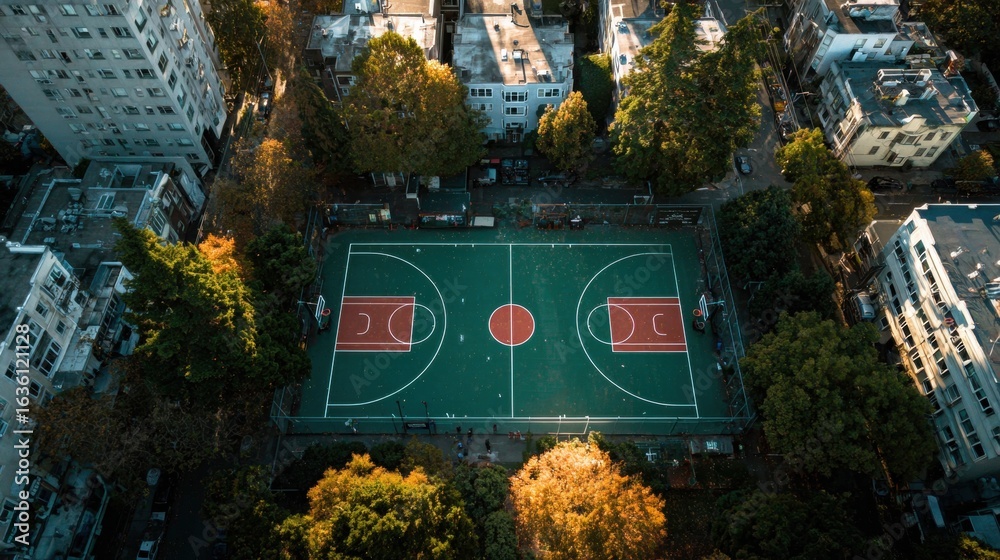 Aerial view of urban basketball court surrounded by trees and buildings Aerial view of urban basketball court surrounded by trees and buildings