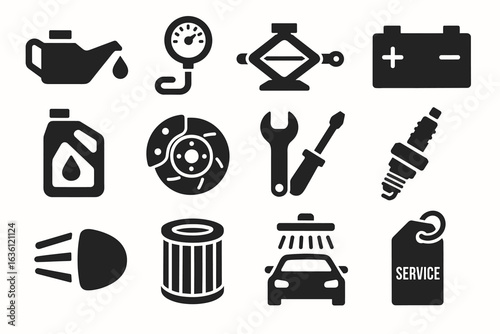 Automotive icons set: tools, fluids, parts, and service symbols