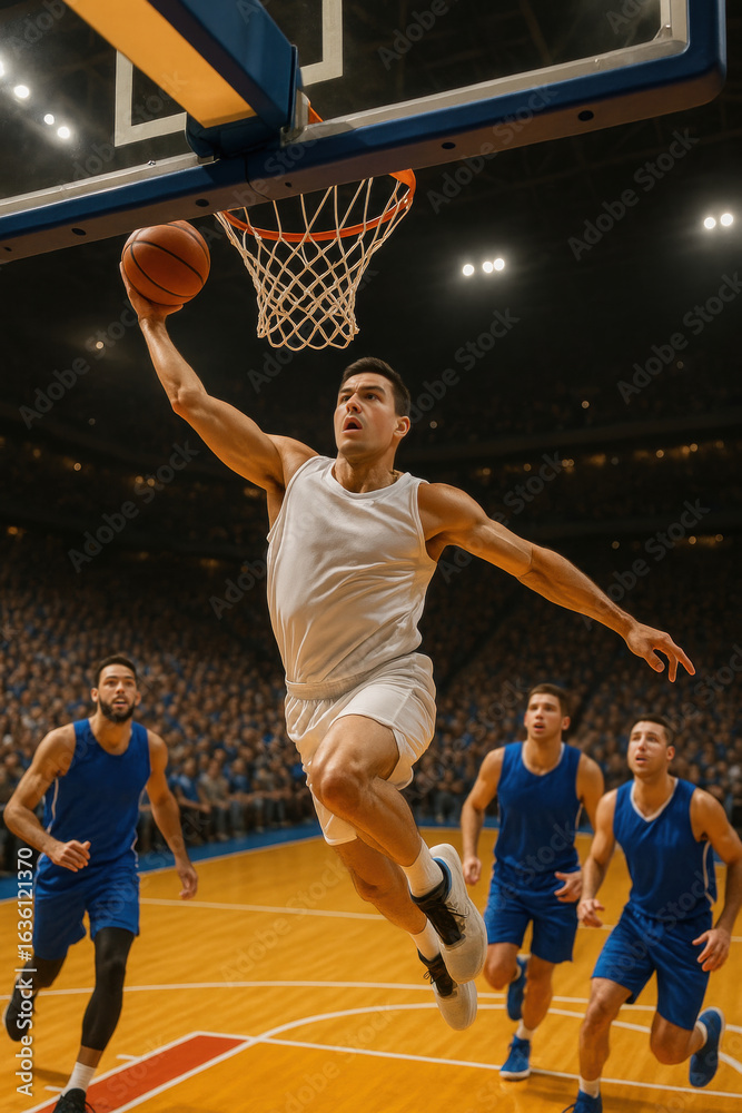 Fototapeta premium Dynamic basketball dunk during intense game moment