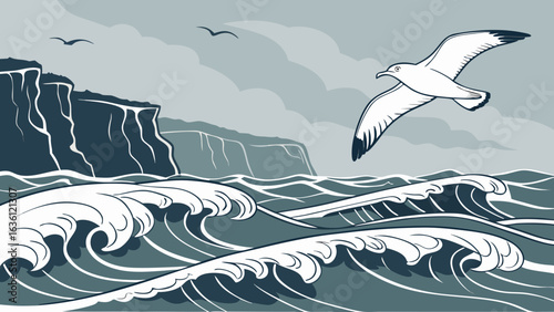 A seagull soaring above crashing ocean waves, wind ruffling its white feathers, dramatic coastal cliffs in the distance.