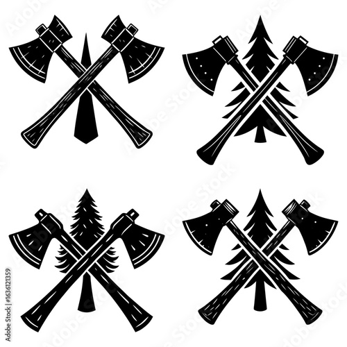 Four variations of crossed axes with trees and a tie in a black and white vector graphic design set