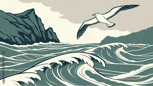 A seagull soaring above crashing ocean waves, wind ruffling its white feathers, dramatic coastal cliffs in the distance.