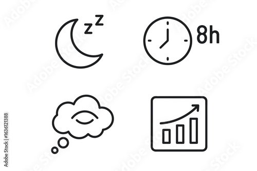 Sleep and productivity: icons depicting night rest, time, and success chart