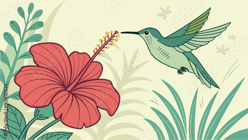  A tiny hummingbird hovering beside a red hibiscus flower, wings beating rapidly, iridescent green feathers catching the sunlight, delicate and magical atmosphere.