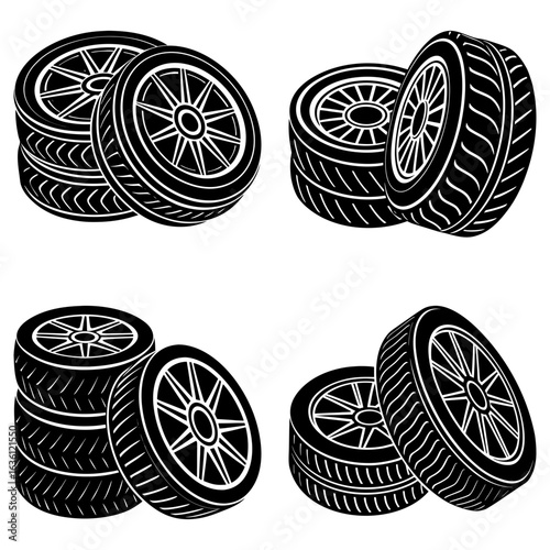 Illustration of four sets of black and white tires stacked and leaning against each other on a white background