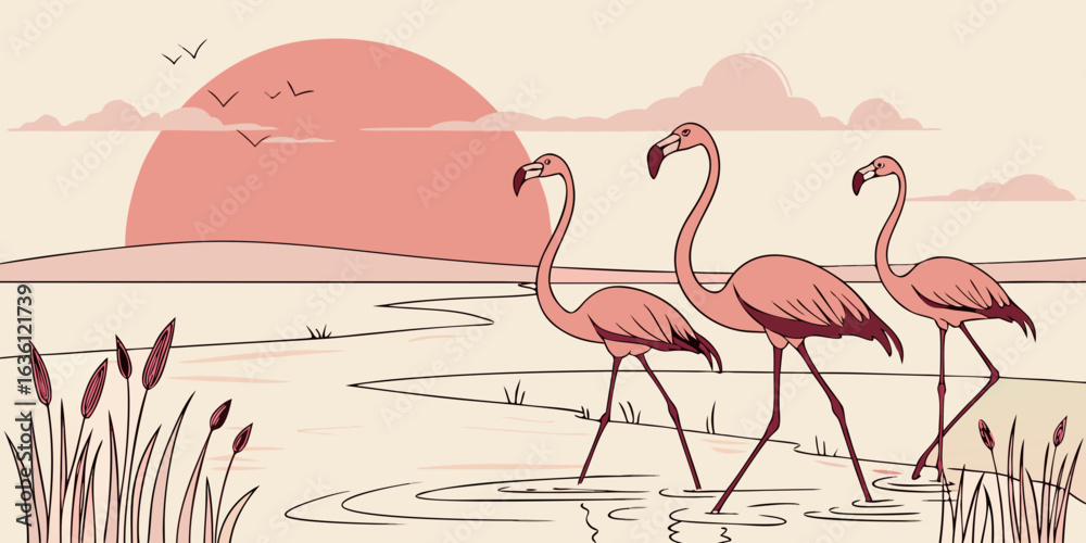Naklejka premium A flock of flamingos standing gracefully in shallow water, soft pastel sunset reflecting on the lake, vivid pink feathers contrasting with the serene background.