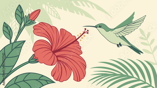  A tiny hummingbird hovering beside a red hibiscus flower, wings beating rapidly, iridescent green feathers catching the sunlight, delicate and magical atmosphere.