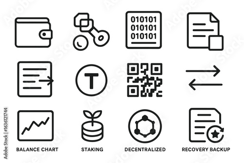 Cryptocurrency icons set featuring wallet, blockchain, decentralized finance, and qr code elements