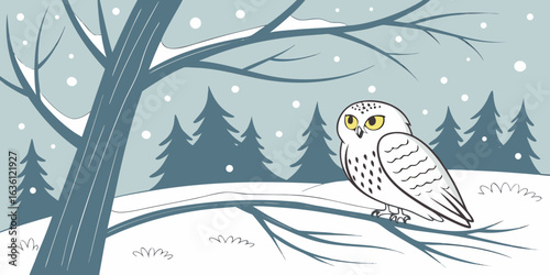  A snowy owl perched on a frosty tree branch, piercing yellow eyes staring ahead, snowflakes falling gently, white feathers blending with the winter landscape.