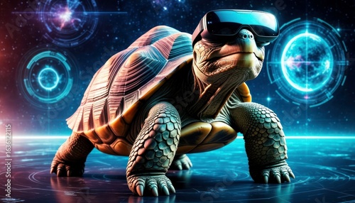 A futuristic turtle wearing virtual reality goggles stands on a glowing surface. The background features abstract digital elements and vibrant colors.