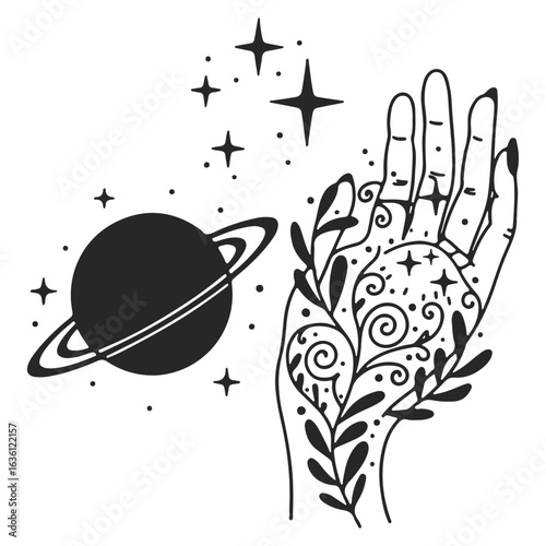 a hand with a planet and stars on it