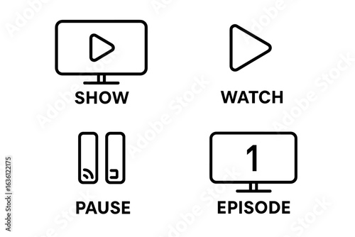 Minimalist icons for show, watch, pause, and episode one