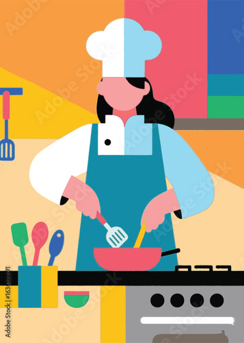 geometric female chef cooking in the kitchen Illustrator Artwork design template poster