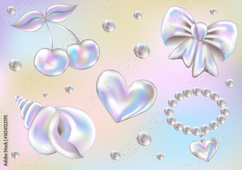 3d Chrome sticker set in Y2K style. Three-dimensional Pearl, SeaShells, Bow, Cherry, Pearl necklace and Heart. Holographic retro icons, realistic vector illustration on gradient background.