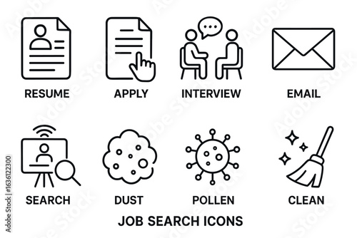 Job search icon set: resume, apply, interview, email, search, dust, pollen, clean