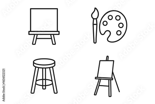 Art tools icons: easel, paintbrush, palette, and stool in minimalist design