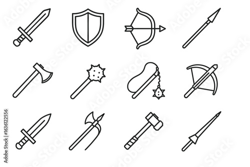 Collection of medieval weapons and shields in line art style