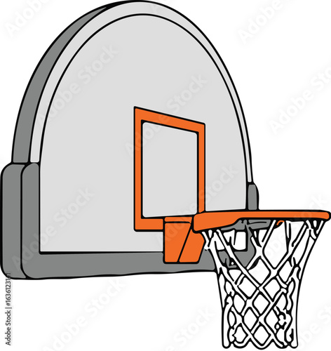 Basketball hoop, gray backboard, outdoor sports equipment, orange rim, net hanging, athletic gear, street basketball, urban court, game setup, fitness
