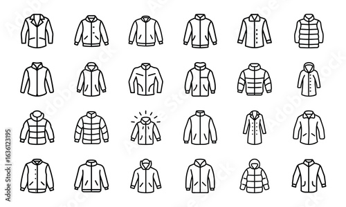 Winter Jacket and Coat Icon Set – Minimal Line Style Vector Illustrations of Outerwear, Puffer Jackets, Parkas, Hooded Coats, and Fashion Clothing Icons for Cold Weather Design Projects