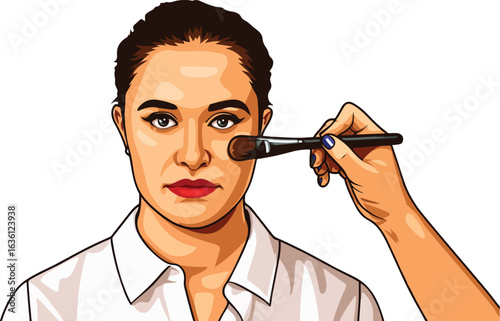 Woman with red lipstick getting makeup on her face vector illustration