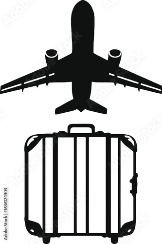 Vector logo airplane and suitcase silhouette, black travel symbol, underwing flight view with wheeled luggage