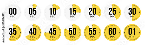 Second Timer, clock, stopwatch, Countdown timer, cooking time icon set. 0, 5, 10, 15, 20, 25, 30, 35, 40, 45, 50, 55, 60 second dial. Blue color isolated set, symbol. Vector illustration