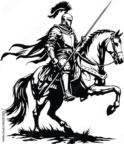 Vector logo medieval knight on rearing horse, black and white battle scene, armored rider with lance and flowing cape