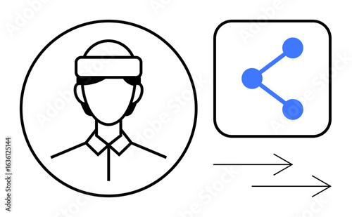 Minimalist avatar with virtual reality headset, sharing icon, and arrows indicating data flow. Ideal for technology concept, innovation, digital connectivity, user interface, ARVR, communication