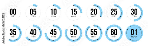 Minute Timer, clock, stopwatch, Countdown timer, cooking time icon set. 0, 5, 10, 15, 20, 25, 30, 35, 40, 45, 50, 55, 60 minute dial. Blue color isolated set, symbol. Vector illustration