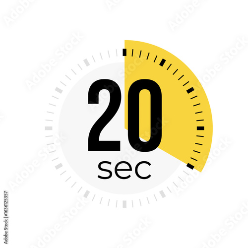 20 or twenty second timer, clock, stopwatch, time, countdown timer, cooking time icon. Yellow color dial representing time measurement, progress, deadline, chronometer, alarm, kitchen timer label.