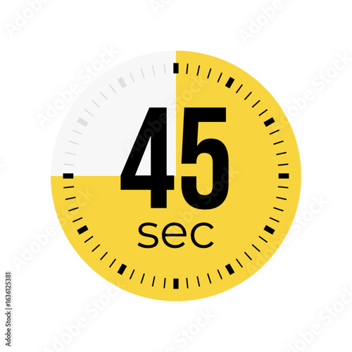 45 or forty five second timer, clock, stopwatch, time, countdown timer, cooking time icon. Yellow color dial representing time measurement, progress, deadline, chronometer, alarm, kitchen timer label.