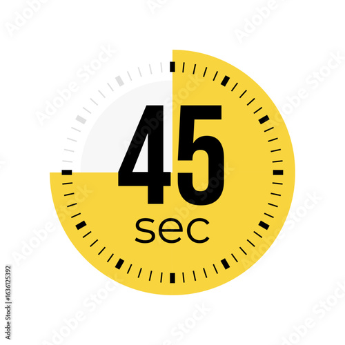 45 or forty five second timer, clock, stopwatch, time, countdown timer, cooking time icon. Yellow color dial representing time measurement, progress, deadline, chronometer, alarm, kitchen timer label.