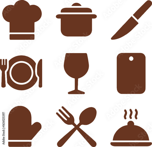 Vector logo culinary icon set, brown cooking and dining tools, chef hat, utensils, kitchenware grid design