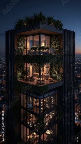 Modern luxury high rise apartment tower with greenery embracing urban living at night