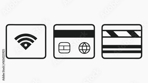 Wireless Payment Options:  Credit Card, Debit Card, and NFC Contactless Icons; Simple Black and White Line Art.