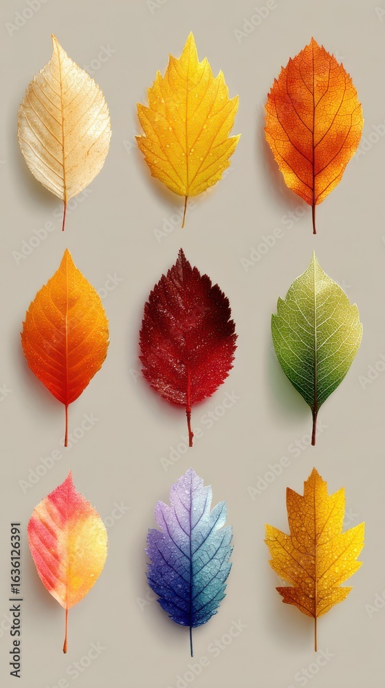 Obraz premium Colorful autumn leaves arranged in a grid showcasing varying shapes and hues on a beige background
