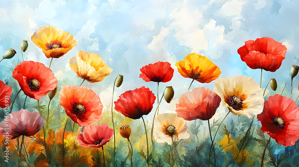 Obraz premium Artistic floral composition, colorful flowers painted in acrylic and watercolor, blue sky background, vibrant green, red, and orange palette.